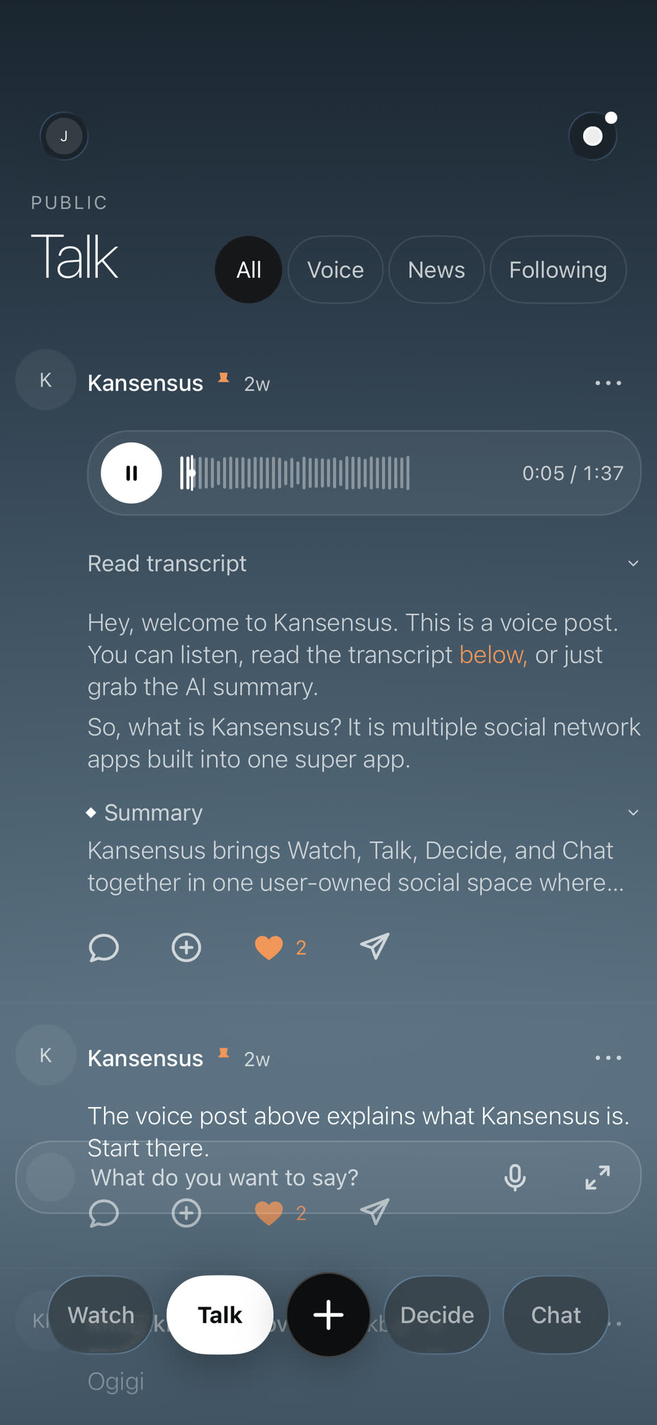 Kansensus Talk screen with the full app menu